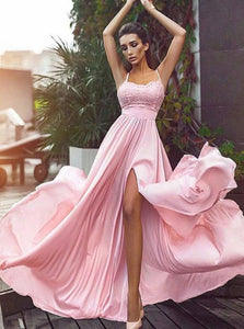  Pink A Line Spaghetti Straps Lace Chiffon Sleeveless Prom Dresses with Slit