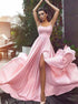  Pink A Line Spaghetti Straps Lace Chiffon Prom Dress with Slit LBQ0547
