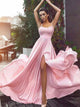  Pink A Line Spaghetti Straps Lace Chiffon Prom Dresses with Slit