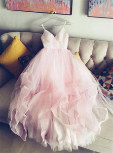 A Line Spaghetti Straps Tulle Pink Prom Dresses