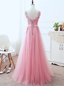 A Line Strap Lace Up Tulle Pink Appliques Floor Length Prom Dresses
