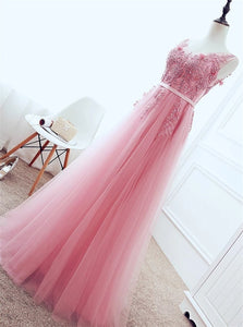 A Line Strap Lace Up Tulle Pink Appliques Prom Dress with Beadings and Belt