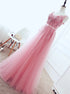 A Line Strap Lace Up Tulle Pink Appliques Prom Dress with Beadings and Belt LBQ0541