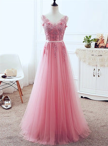A Line Strap Lace Up Tulle Pink Appliques Prom Dresses 