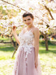 A Line V Neck Pink Backless Appliques Chiffon Sleeveless Prom Dresses