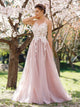 A Line V Neck Pink Backless Appliques Chiffon Prom Dresses