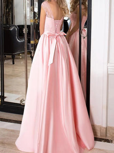 A Line Scoop Satin Pink Appliques Lace Up Prom Dresses with Bow Knot