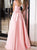 A Line Scoop Satin Pink Appliques Lace Up Prom Dresses with Bow Knot