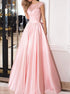 A Line Scoop Satin Pink Appliques Prom Dress with Bow Knot LBQ0512