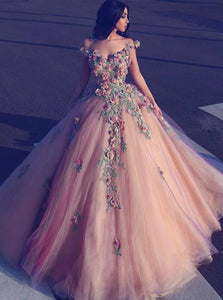 Ball Gown Off The Shoulder Pink Tulle Short Sleeves Prom Dresses