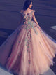 Ball Gown Off The Shoulder Pink Tulle Short Sleeves Prom Dresses