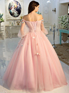 Ball Gown Pink Tulle Lace Up Appliques Long Sleeves Prom Dresses
