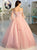 Ball Gown Pink Tulle Lace Up Appliques Long Sleeves Prom Dresses