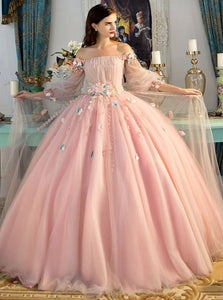 Ball Gown Pink Tulle Appliques Prom Dresses