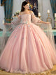 Ball Gown Pink Tulle Appliques Prom Dresses