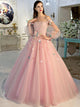 Ball Gown Pink Tulle Lace Up Appliques Prom Dresses