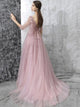 Pearl Pink Lace Half Sleeves Lace Up Prom Dress with Appliques