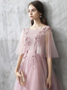 Pearl Pink Lace Scoop Half Sleeves Prom Dresses with Appliques