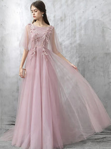 Pearl Pink Lace Sweep Train Half Sleeves Prom Dress with Appliques