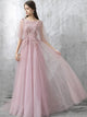 Pearl Pink Lace Sweep Train Half Sleeves Prom Dress with Appliques