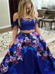 Spaghetti Straps Sweep Train Royal Blue Printed Satin Prom Dress with Lace