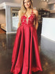 A Line Red Satin V Neck Appliques Backless Long Prom Dresses