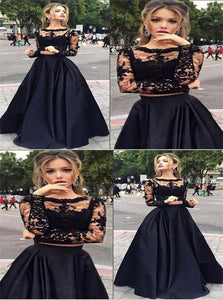 A Line Two Pieces Long Sleeves Lace Satin Prom Dresses