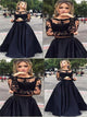A Line Two Pieces Long Sleeves Lace Satin Prom Dresses