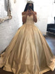 Ball Gown Champagne Gold Satin Appliques Lace Prom Dresses