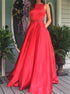 A Line Sweep Train Satin Scoop Red Beadings Prom Dress with Pockets LBQ2776