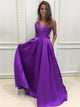 A Line V Neck Satin Purple Pleats Prom Dresses