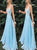 A Line V Neck Light Blue Beaded Chiffon Prom Dresses