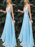 A Line V Neck Light Blue Beaded Chiffon Prom Dresses LBQ1946