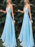 A Line V Neck Light Blue Beaded Chiffon Prom Dresses LBQ1946