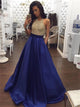 A Line Scoop Beading Satin Prom Dresses with Pockets
