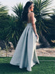 Sweep Train Blue Open Back Evening Dresses