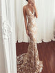 Mermaid V Neck Lace Up Tulle Prom Dresses 