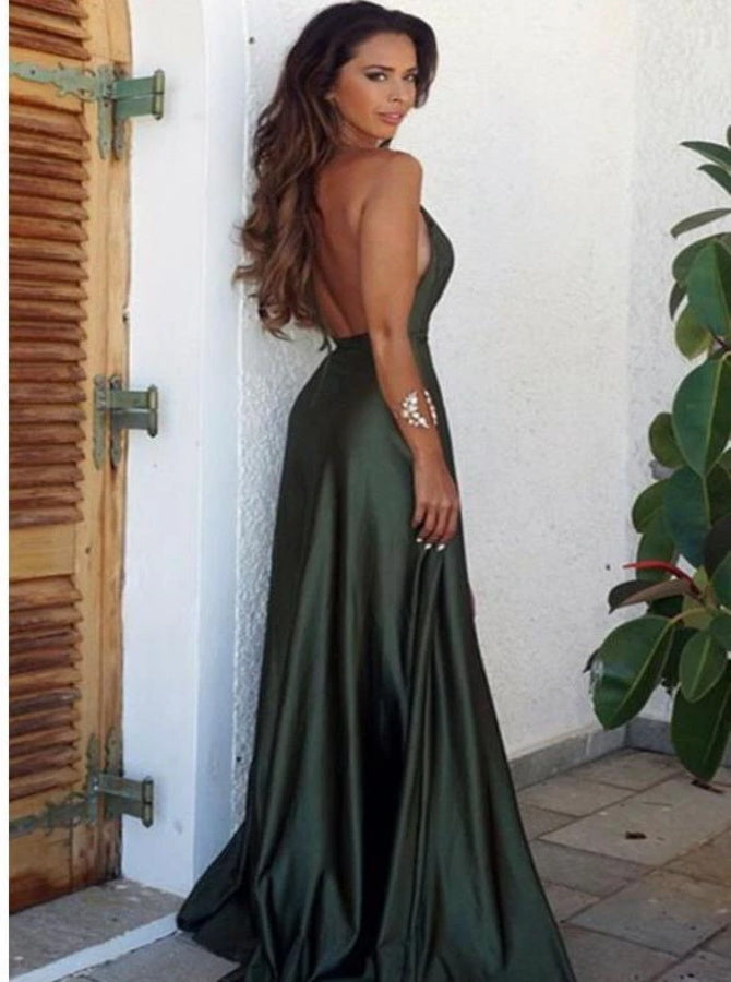 A Line Backless Split V Neck Satin Prom Dresses | Alinepromdress A Line Backless Split V Neck Satin Prom Dresses | Alinepromdress