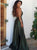 A Line Backless High Split V Neck Satin Green Prom Dresses