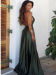 A Line Backless High Split V Neck Satin Green Prom Dresses