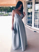 A Line Spaghetti Straps V Neck Satin Pleats Blue Prom Dresses