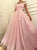 A Line Off the Shoulder Pink Tulle Floral Pleats Prom Dresses
