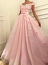 A Line Off the Shoulder Pink Tulle Floral Pleats Prom Dresses LBQ3148