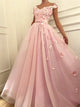 A Line Off the Shoulder Pink Tulle Floral Pleats Prom Dresses