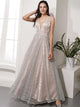 A Line Gray Deep V Neck Tulle Prom Dresses