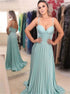 A Line Spaghetti Straps Pleated Satin Prom Dress LBQ1759