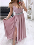 Spaghetti Strap V Neck Lace Rhinestone Prom Dress With Slit LBQ2362