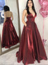 A Line Spaghetti Straps Burgundy Prom Dress with Pockets LBQ0956