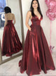 A Line Spaghetti Straps Floor Length Burgundy Prom Dresses with Pockets