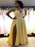 Yellow Floor Length A Line Slit Satin Prom Dress LBQ0590